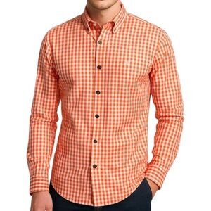 MICHAEL KORS Gingham Plaid Button Down Shirt Orange Casual Cotton Mens Sz Medium